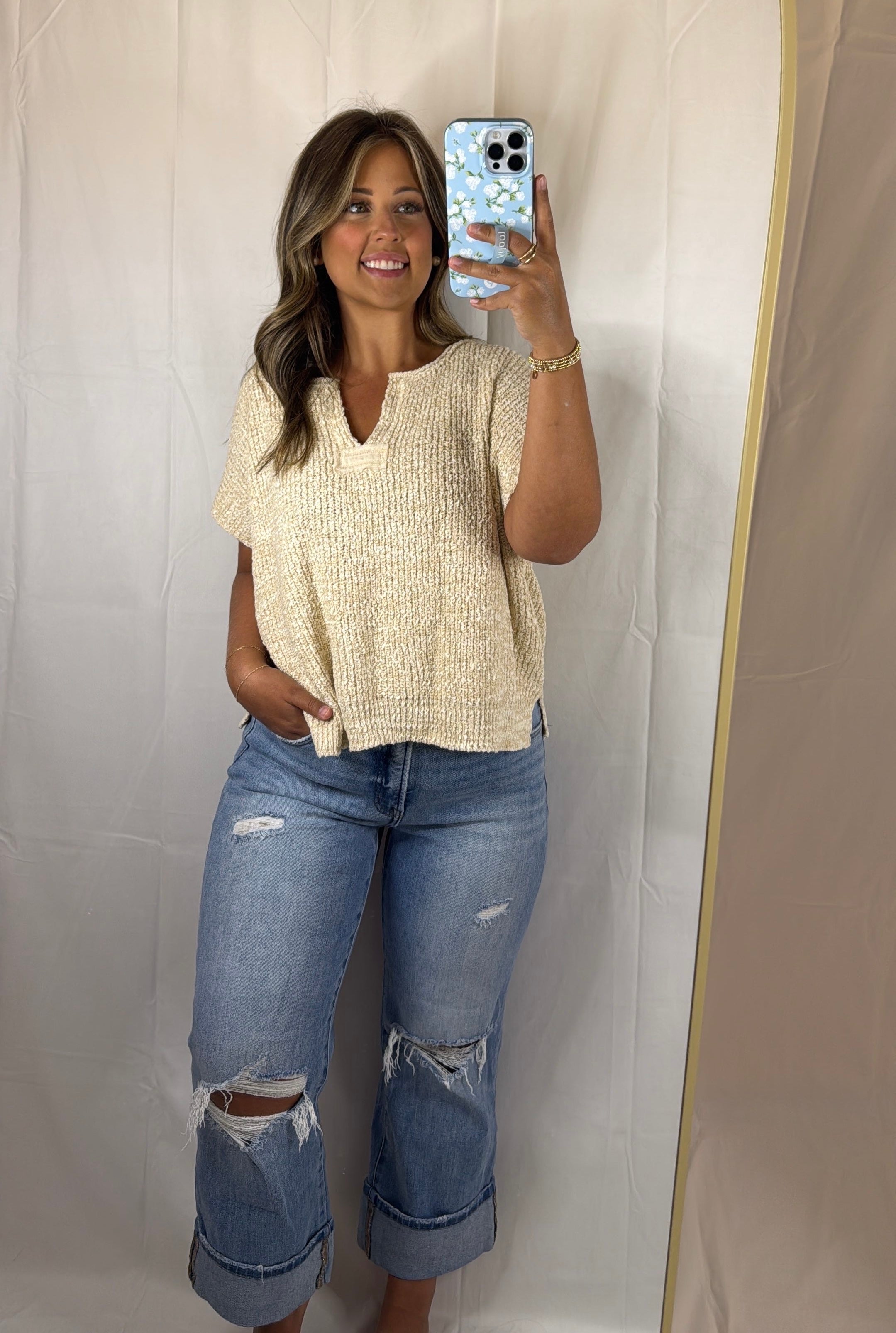 Kenzie Split-Neck Short Sleeve Sweater