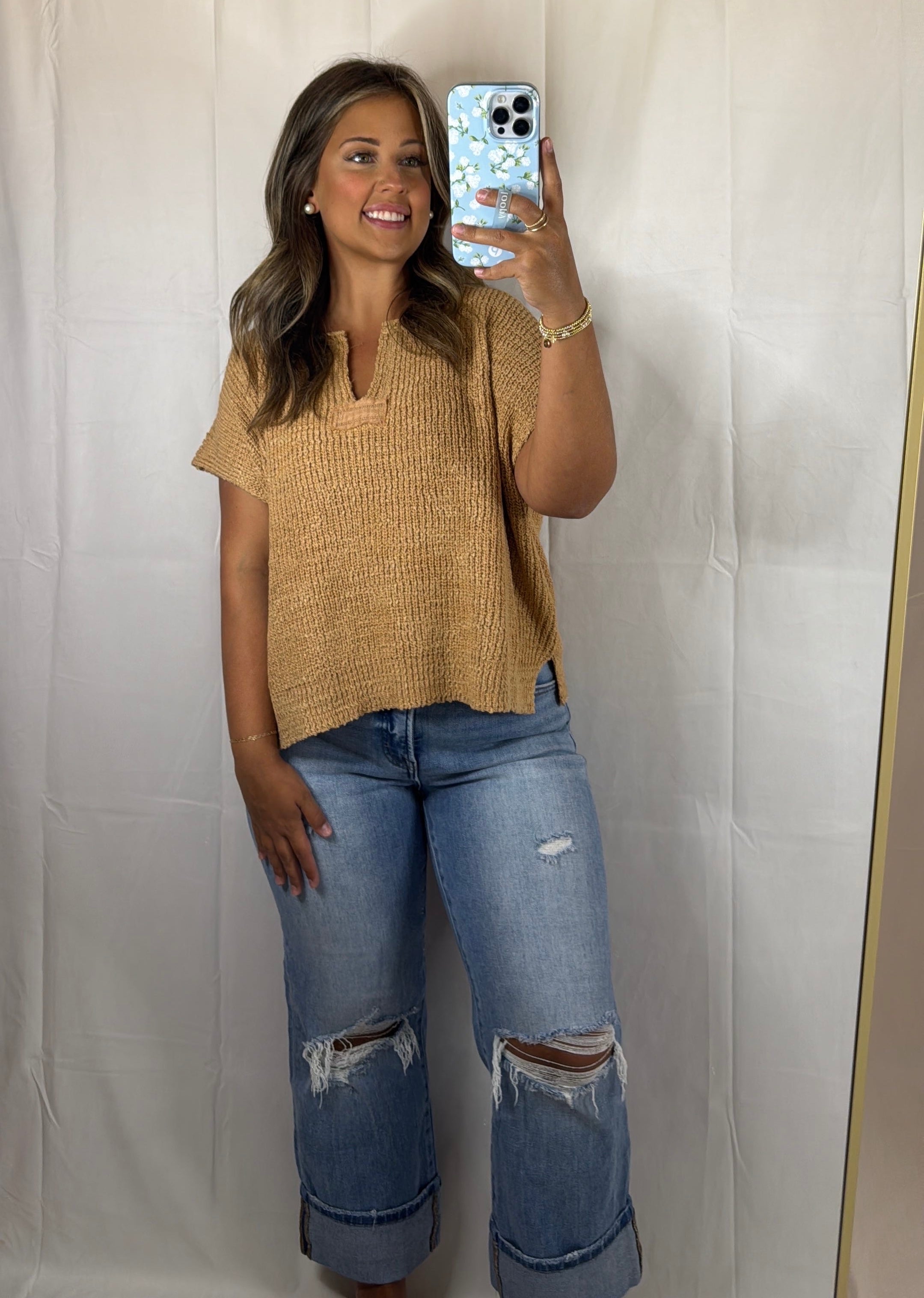 Kenzie Split-Neck Short Sleeve Sweater
