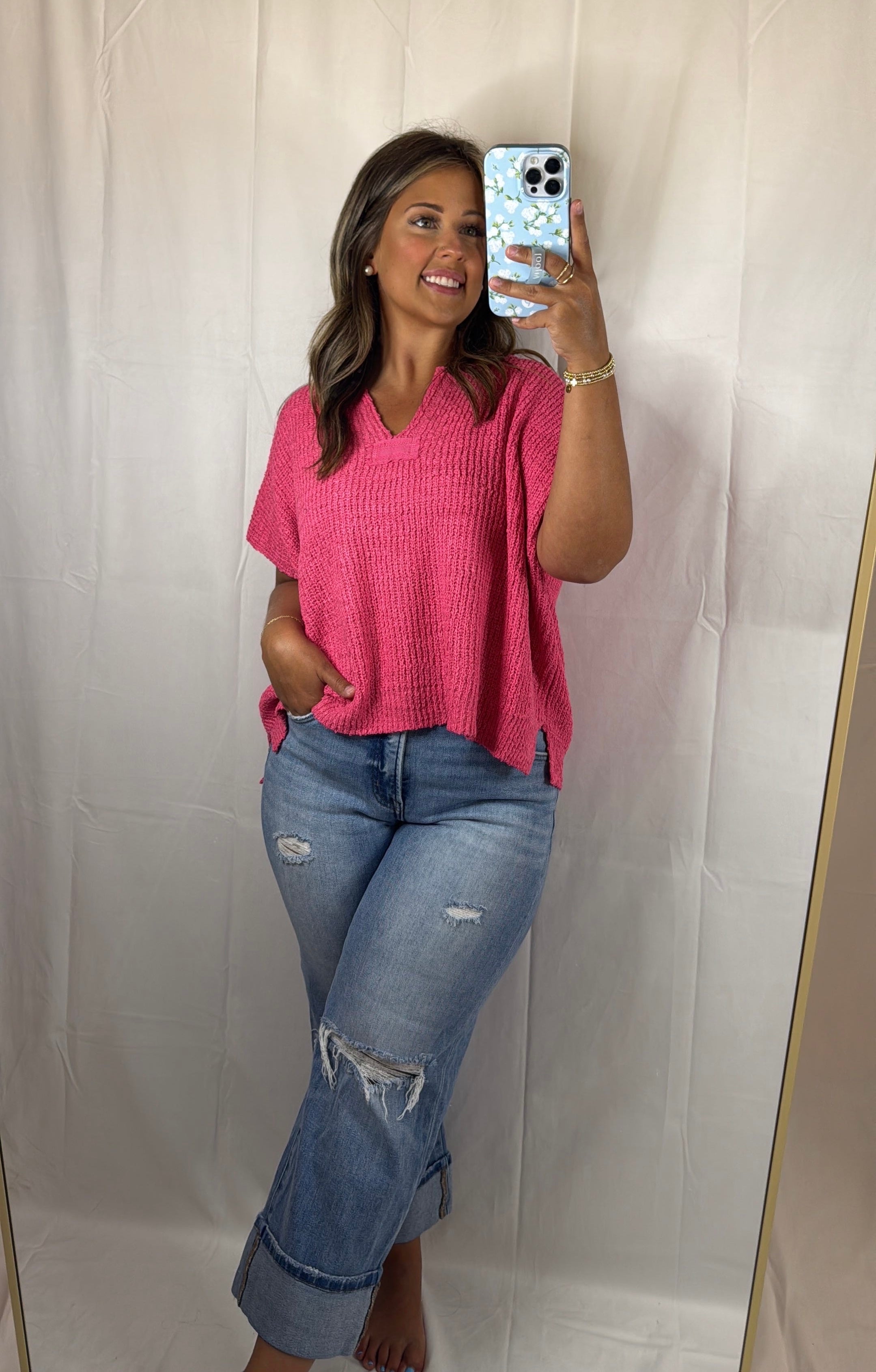 Kenzie Split-Neck Short Sleeve Sweater