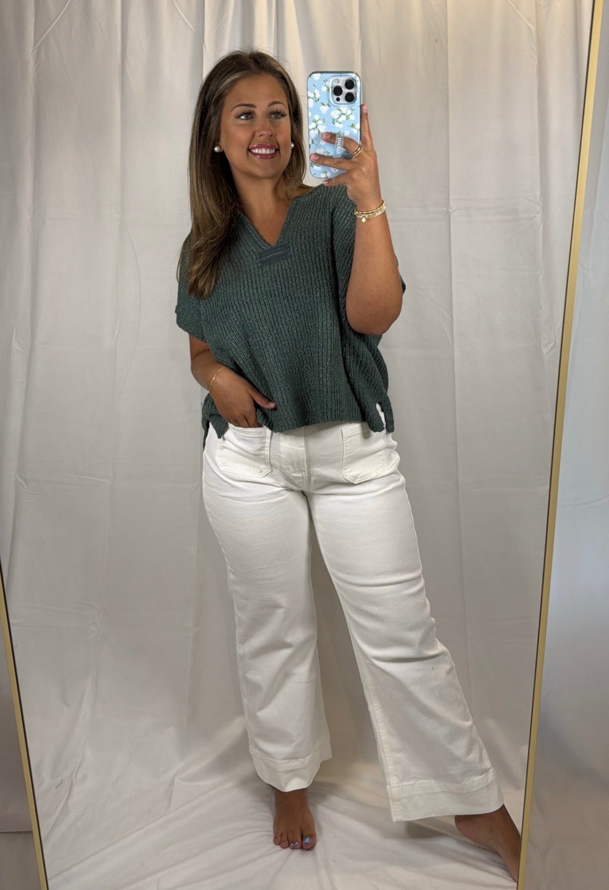 Kenzie Split-Neck Short Sleeve Sweater