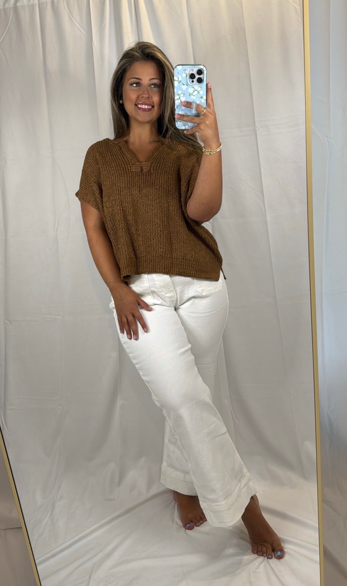 Kenzie Split-Neck Short Sleeve Sweater